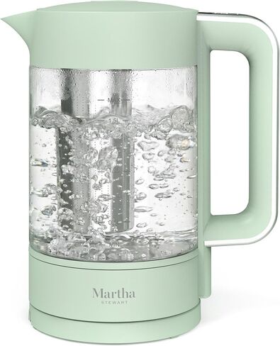 Martha Stewart Electric Kettle with Removable Stainless Steel Tea Infuser, Glass Carafe 1.7L (7 Cups), Hot Water Boiler, 4 Presets, Keep Warm & Auto Shut-Off, Cordless 360° Swivel Base, Linen White in Saudi Arabia