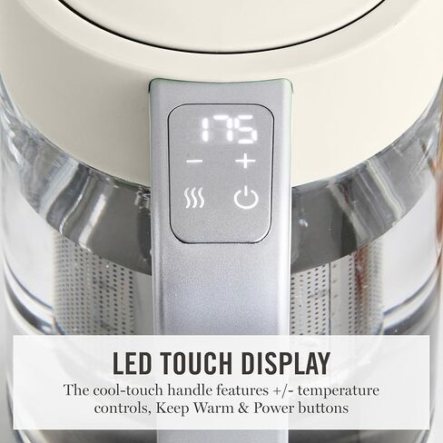 Martha Stewart Electric Kettle with Removable Stainless Steel Tea Infuser, Glass Carafe 1.7L (7 Cups), Hot Water Boiler, 4 Presets, Keep Warm & Auto Shut-Off, Cordless 360° Swivel Base, Linen White in Saudi Arabia