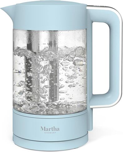 Martha Stewart Electric Kettle with Removable Stainless Steel Tea Infuser, Glass Carafe 1.7L (7 Cups), Hot Water Boiler, 4 Presets, Keep Warm & Auto Shut-Off, Cordless 360° Swivel Base, Linen White in Saudi Arabia