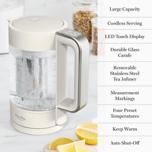 Martha Stewart Electric Kettle with Removable Stainless Steel Tea Infuser, Glass Carafe 1.7L (7 Cups), Hot Water Boiler, 4 Presets, Keep Warm & Auto Shut-Off, Cordless 360° Swivel Base, Linen White in Saudi Arabia