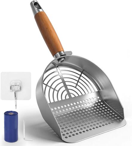 Cat Litter Scoop 304 Stainless Steel Rust Proof, Sifting Litter Box Scooper with Wood Handle, Curved Design for Easy Cleaning, Dual Sifter Holes cat Litter Shovel in Kuwait