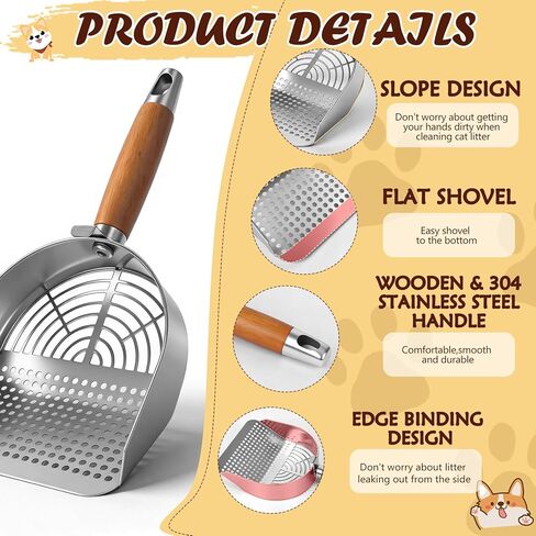 Cat Litter Scoop 304 Stainless Steel Rust Proof, Sifting Litter Box Scooper with Wood Handle, Curved Design for Easy Cleaning, Dual Sifter Holes cat Litter Shovel in Kuwait