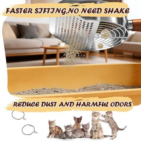 Cat Litter Scoop 304 Stainless Steel Rust Proof, Sifting Litter Box Scooper with Wood Handle, Curved Design for Easy Cleaning, Dual Sifter Holes cat Litter Shovel in Kuwait