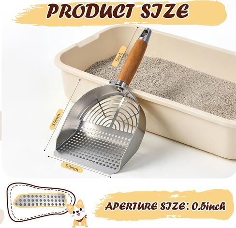 Cat Litter Scoop 304 Stainless Steel Rust Proof, Sifting Litter Box Scooper with Wood Handle, Curved Design for Easy Cleaning, Dual Sifter Holes cat Litter Shovel in Kuwait