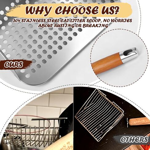 Cat Litter Scoop 304 Stainless Steel Rust Proof, Sifting Litter Box Scooper with Wood Handle, Curved Design for Easy Cleaning, Dual Sifter Holes cat Litter Shovel in Kuwait