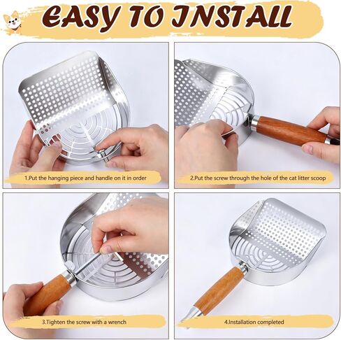 Cat Litter Scoop 304 Stainless Steel Rust Proof, Sifting Litter Box Scooper with Wood Handle, Curved Design for Easy Cleaning, Dual Sifter Holes cat Litter Shovel in Kuwait
