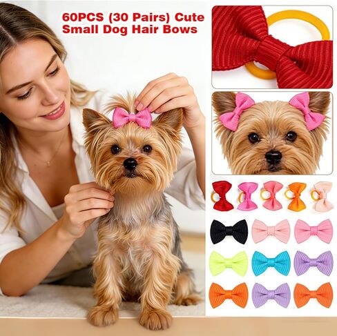 60PCS (30 Pairs) Cute Small Dog Hair Bows with Rubber Bands, Handmade Grosgrain Ribbon Pet Grooming Accessories for Yorkie, Shih Tzu, Puppy in Saudi Arabia