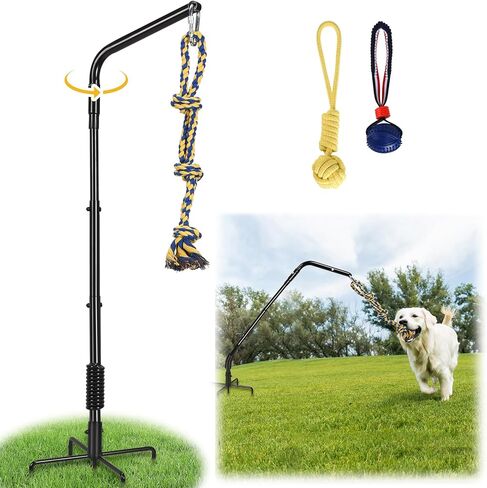 HVDI Tether Dog Toy Rack with 3 Tug Rope Toys, Dog Rope Play Spring Rack and Interactive in Yard, Park, Lawn, Adjustable Height Suitable for Large, Medium, Small Dogs (55 Inches) in Kuwait