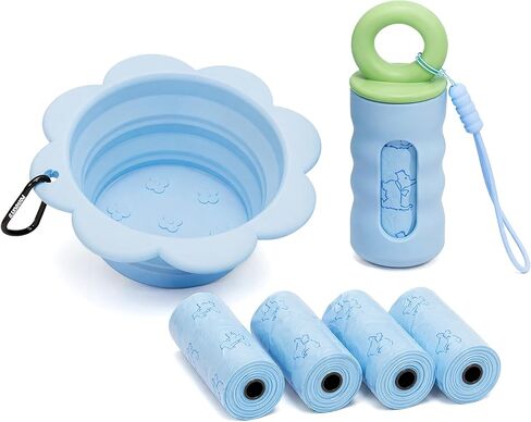 Dog Walking Supplies Set, Collapsible Silicone Water Bowl + Leash Attached Poop Bag Dispenser, Portable Pet Travel Accessories for Daily Outdoor Use in Kuwait