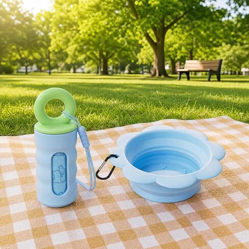 Dog Walking Supplies Set, Collapsible Silicone Water Bowl + Leash Attached Poop Bag Dispenser, Portable Pet Travel Accessories for Daily Outdoor Use in Kuwait