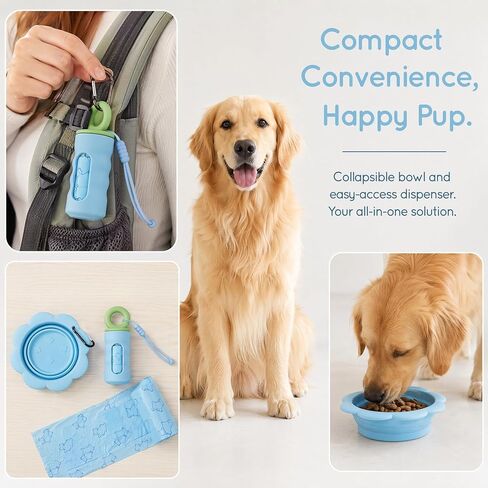 Dog Walking Supplies Set, Collapsible Silicone Water Bowl + Leash Attached Poop Bag Dispenser, Portable Pet Travel Accessories for Daily Outdoor Use in Kuwait