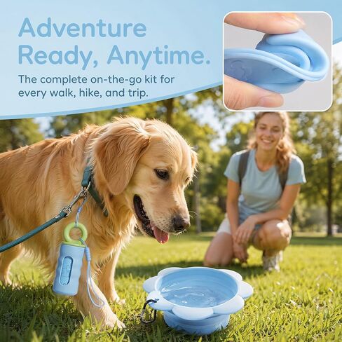 Dog Walking Supplies Set, Collapsible Silicone Water Bowl + Leash Attached Poop Bag Dispenser, Portable Pet Travel Accessories for Daily Outdoor Use in Kuwait