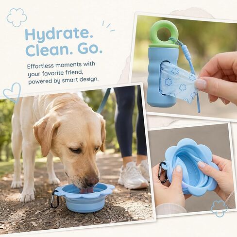 Dog Walking Supplies Set, Collapsible Silicone Water Bowl + Leash Attached Poop Bag Dispenser, Portable Pet Travel Accessories for Daily Outdoor Use in Kuwait