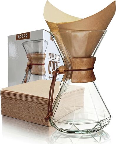 زجاج صانع القهوة AGOGO Pour Over - طقم باريستا مع فلتر 304 مقاوم للصدأ للمنزل والمكتب والتخييم والمقاهي - مجموعة قطارة القهوة سهلة التنظيف (منشفة ناعمة وفرشاة) (34oz كلاسيكي مع فلتر SS) in Kuwait