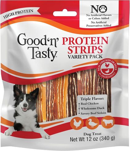 Good’n’Tasty Protein Strips Variety Pack, 12 oz, High-Protein Dog Treat with Real Chicken Or Duck and Savory Beef Sirloin, Jerky-Style Chew with No Added Artificial Preservatives, Flavors Or Colors in Kuwait