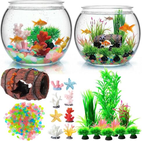 Cinnvoice 521 Pcs 2 Gallon Plastic Fish Bowls Starter Kit, 0.27 Gallon Round Shatterproof Aquarium with Luminous Stones, Artificial Plants, Decor for Betta Goldfish, Small Fish Tank for Office in Kuwait