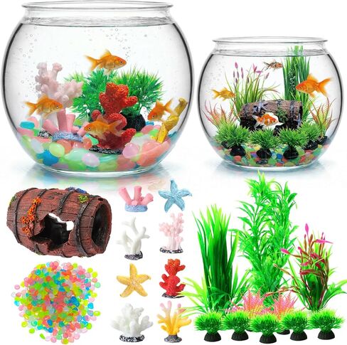 Cinnvoice 521 Pcs 2 Gallon Plastic Fish Bowls Starter Kit, 0.27 Gallon Round Shatterproof Aquarium with Luminous Stones, Artificial Plants, Decor for Betta Goldfish, Small Fish Tank for Office in Saudi Arabia