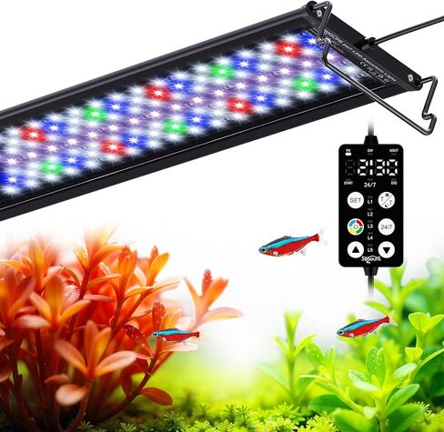 SEAOURA LED ضوء حوض السمك، مؤقت مخصص 24/7، ذاكرة انقطاع التيار الكهربائي، 7 صفوف LED 18-24in ضوء خزان الأسماك كامل الطيف، 8 ألوان، 20 سطوع، دورة النهار والليل، حامل قابل للتعديل لنمو نباتات المياه العذبة in Kuwait