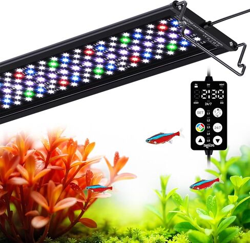 SEAOURA LED ضوء حوض السمك، مؤقت مخصص 24/7، ذاكرة انقطاع التيار الكهربائي، 7 صفوف LED 18-24in ضوء خزان الأسماك كامل الطيف، 8 ألوان، 20 سطوع، دورة النهار والليل، حامل قابل للتعديل لنمو نباتات المياه العذبة in Kuwait