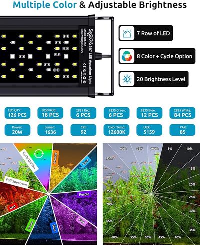 SEAOURA LED ضوء حوض السمك، مؤقت مخصص 24/7، ذاكرة انقطاع التيار الكهربائي، 7 صفوف LED 18-24in ضوء خزان الأسماك كامل الطيف، 8 ألوان، 20 سطوع، دورة النهار والليل، حامل قابل للتعديل لنمو نباتات المياه العذبة in Kuwait