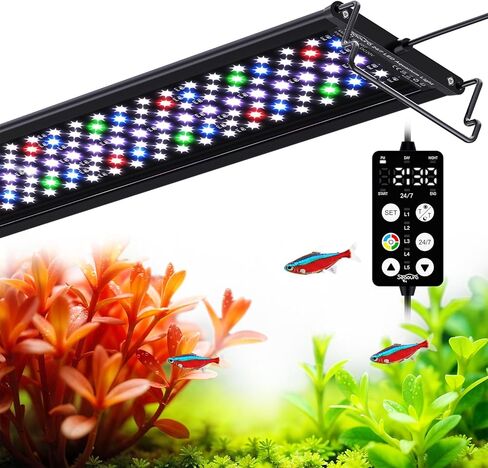 SEAOURA LED ضوء حوض السمك، مؤقت مخصص 24/7، ذاكرة انقطاع التيار الكهربائي، 7 صفوف LED 18-24in ضوء خزان الأسماك كامل الطيف، 8 ألوان، 20 سطوع، دورة النهار والليل، حامل قابل للتعديل لنمو نباتات المياه العذبة in Kuwait