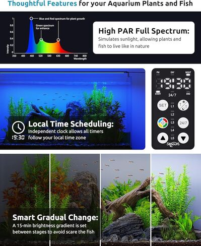 SEAOURA LED ضوء حوض السمك، مؤقت مخصص 24/7، ذاكرة انقطاع التيار الكهربائي، 7 صفوف LED 18-24in ضوء خزان الأسماك كامل الطيف، 8 ألوان، 20 سطوع، دورة النهار والليل، حامل قابل للتعديل لنمو نباتات المياه العذبة in Kuwait