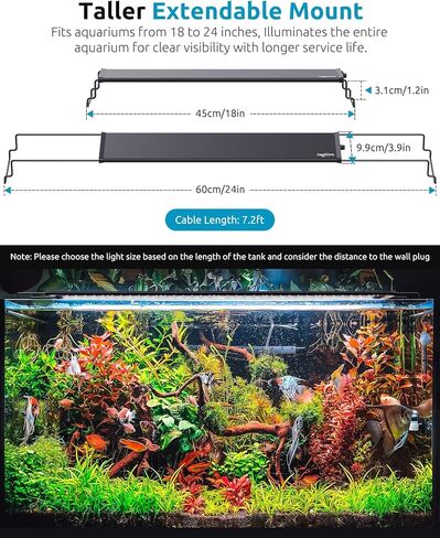 SEAOURA LED ضوء حوض السمك، مؤقت مخصص 24/7، ذاكرة انقطاع التيار الكهربائي، 7 صفوف LED 18-24in ضوء خزان الأسماك كامل الطيف، 8 ألوان، 20 سطوع، دورة النهار والليل، حامل قابل للتعديل لنمو نباتات المياه العذبة in Kuwait