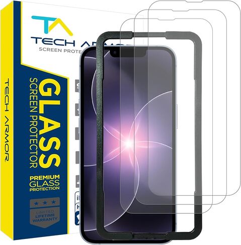 واقي شاشة زجاجي باليستي من Tech Armor لهاتف iPhone 14 وiPhone 13 و13 Pro [6.1 بوصة] شاشة مكونة من 3 قطع من الزجاج المقسى، مناسب للحافظة in Kuwait