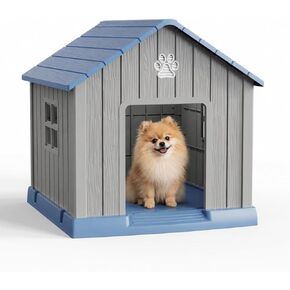 Small Dog House Outdoor Weatherproof for Small Medium Dogs, Durable Plastic Waterproof Doghouse with Air Vents & Elevated Floor, Easy to Clean & Assemble (Blue, 31.18''L×33.7''W×32.52''H) in Saudi Arabia