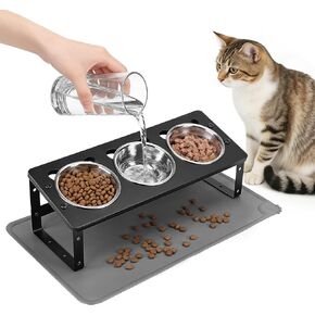 Elevated Cat Bowls with Food Mat, ShineMe 15°Tilted Anti Vomiting Raised Cat Food and Water Bowls, 3 Stainless Steel Pet Dishes with Non-Slip Stand for Cats and Puppies in Saudi Arabia