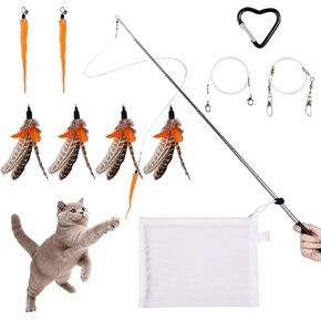 Cat Toys for Indoor Cats – Ultra-Light 33g Retractable Cat Wand Toy (9-31.5") with 4 Natural Feather Heads, 2 Worms, 2 Replacement Strings & Storage Pouch – Interactive Kitten Toys for Bored Adults in Kuwait