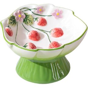 وعاء قطط سيراميك مرتفع من PawsPik Strawberry Blooms - وعاء طعام مرتفع للقطط بإمالة 15 درجة، وعاء تغذية الحيوانات الأليفة صديق للشعيرات، طبق مضاد للاختناق، آمن للاستخدام في غسالة الأطباق (أخضر) in Kuwait