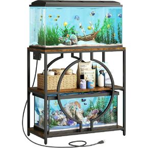 HavenlyYouth 20-29 Gallon Aquarium Stand with Power Outlet, 3 Tier Heavy Duty Metal Fish Tank Stand with Storage Shelf, Fish Tank Table for Home Office, 31.5" L x 15.7" W x 31.2" H, Rustic Brown in Kuwait