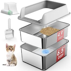 Stainless Steel Litter Box with Lid, Sifting Litter Box for Pine Pellets, 17.3"×13.4"×10.5" Enclosed Metal Litter Boxes for Small Cats & Kittens, High Sided Anti-Leakage, Easy Cleaning, Less Tracking in Saudi Arabia