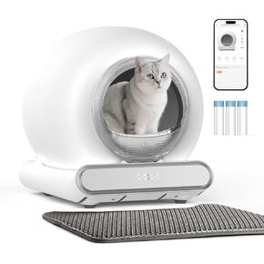 Self Cleaning Litter Box, Integrated Safety Automatic Cat Litter Box Self Cleaning 65L+9L for Multiple Cats, App Control, Odor Removal, Includes Mat & Liner (3 Rolls) - White in Saudi Arabia