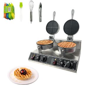 1200W Commercial Double Waffle Maker, Stainless Steel Nonstick Round Waffle Iron, Temp Range 122℉-572℉ & Timer, for Home Kitchens, Bakeries, Dessert Shops, Snack Bars, Silver in Saudi Arabia