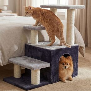 Heybly Pet Stairs for Cats, 29.5 inch High Dog Steps for Small Doggie Rabbits, 9.8''Depth Cat Stairs, Indoor Cat Ladders for High Bed for Pet's Joints, 1 Condo Cave, 6 Sisal Scratcher HSP002SWWH in Saudi Arabia
