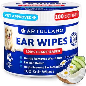Dog Ear Wipes - 100 ct - Removes Wax and Dirt - Soothing Ear Cleaner Wipes for Dogs, Puppies - 100% Plant Based, Unscented with Coconut Oil - Ear Infection Treatment to Relief Itching & Inflammation in Saudi Arabia