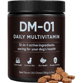 DM-01 فيتامينات يومية متعددة للكلاب، مضغ متعدد الفيتامينات لتخفيف الحكة يحتوي على زيت السلمون البروبيوتيك الجلوكوزامين لمعطف الجلد، ودعم الأمعاء والمناعة، 60 قطعة مضغ (1) in Kuwait