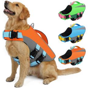 Queenmore Large Dogs Life Jackets with High Buoyancy and Rescue Handle, 2XL Dog Life Vest for Swimming Pool Beach Boating, High Reflective Pet Preserver for Swimming, Green, 2XL in Kuwait