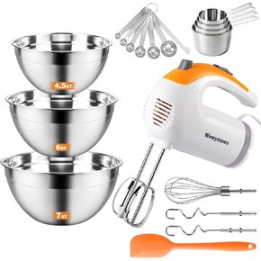 300W 5-Speed Electric Hand Mixer with 3 Thickened Nesting Mixing Bowls, Measuring Cups and Spoons, Complete Kitchen Cake Mixer with Paddle, Dough Hook and Whisk for Baking in Kuwait
