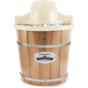 Elite Gourmet EIM924LX 4Qt Old Fashioned Vintage Appalachian Wood Bucket Electric Ice Cream Maker Machine with Leak-Proof Liner, Uses Ice and Rock Salt Churns Ice Cream in Minutes, Cream in Kuwait