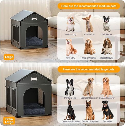 Extra Large Dog House Indoor with Plush Cushion, Dog Kennel for Inside with Sturdy Frame, Waterproof Pet House Suitable for Medium Large Dogs, 34x27x34in, Gray in Saudi Arabia