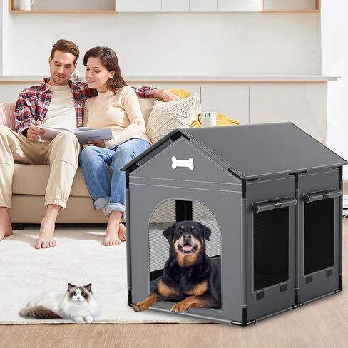 Extra Large Dog House Indoor with Plush Cushion, Dog Kennel for Inside with Sturdy Frame, Waterproof Pet House Suitable for Medium Large Dogs, 34x27x34in, Gray in Saudi Arabia