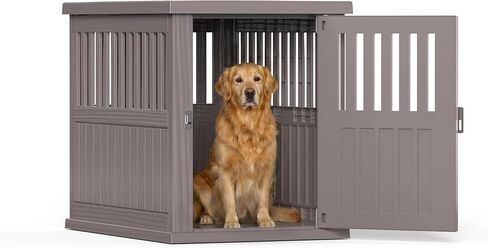 DRATO Dog House 30-Inch Dog Crate Furniture, Resin Dog Crate Table, Waterproof Tear-Resistant, Heavy Duty Tool-Free Assembly, Lockable Indoor Outdoor Kennel for Small Medium Dogs (Gray) in Saudi Arabia