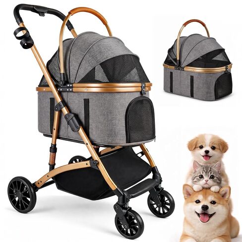 3-in-1 Dog Stroller with Rain Cover, Quick Foldable, Detachable Carrier & Car Seat, for Medium Dogs Cats Up to 50 lbs, Anti-Shock Solid Rubber Wheels, Grey in Kuwait