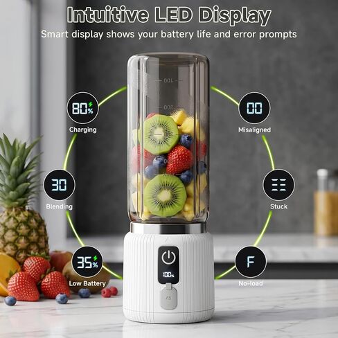 خلاط كوكونست المحمول، خلاط شخصي للعصائر والمخفوقات مع شاشة LED، خلاط عصير شحن USB C، صانع عصير صغير مع 8 شفرات للمنزل، في الهواء الطلق، السفر، المكتب، 17oz، أبيض in Kuwait