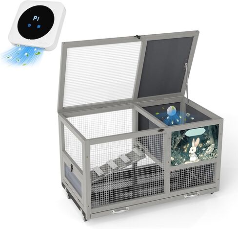 COZIWOW 36.5-Inch Double-Decker Wooden Rabbit Hutch with Wheels, Featuring A Cleaning Tray and Ladder—Stylish and Easy to Assemble（Grey and Pattern） in Kuwait