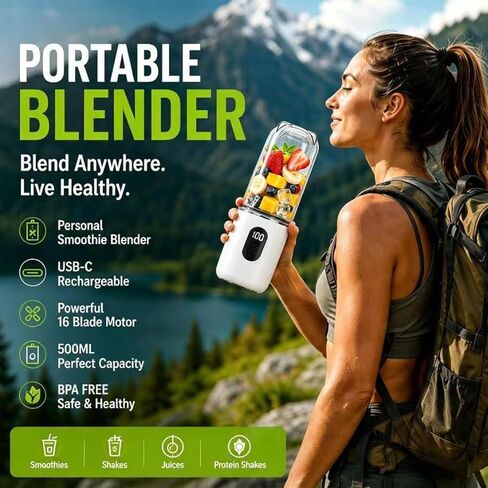 Portable Blender for Protein Shakes & Smoothies, 17oz USB-C Rechargeable Personal Blender with LED Display, Powerful 16-Blade Mini Juicer for Gym, Travel & Office in Kuwait