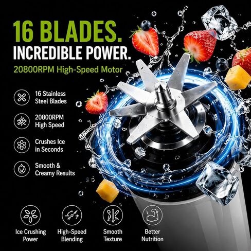 Portable Blender for Protein Shakes & Smoothies, 17oz USB-C Rechargeable Personal Blender with LED Display, Powerful 16-Blade Mini Juicer for Gym, Travel & Office in Kuwait